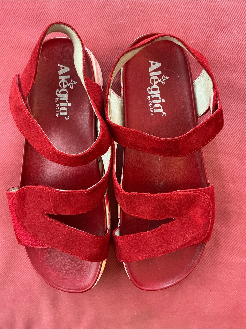 Alegria Women's Red Suede Adjustable Strap Sandals